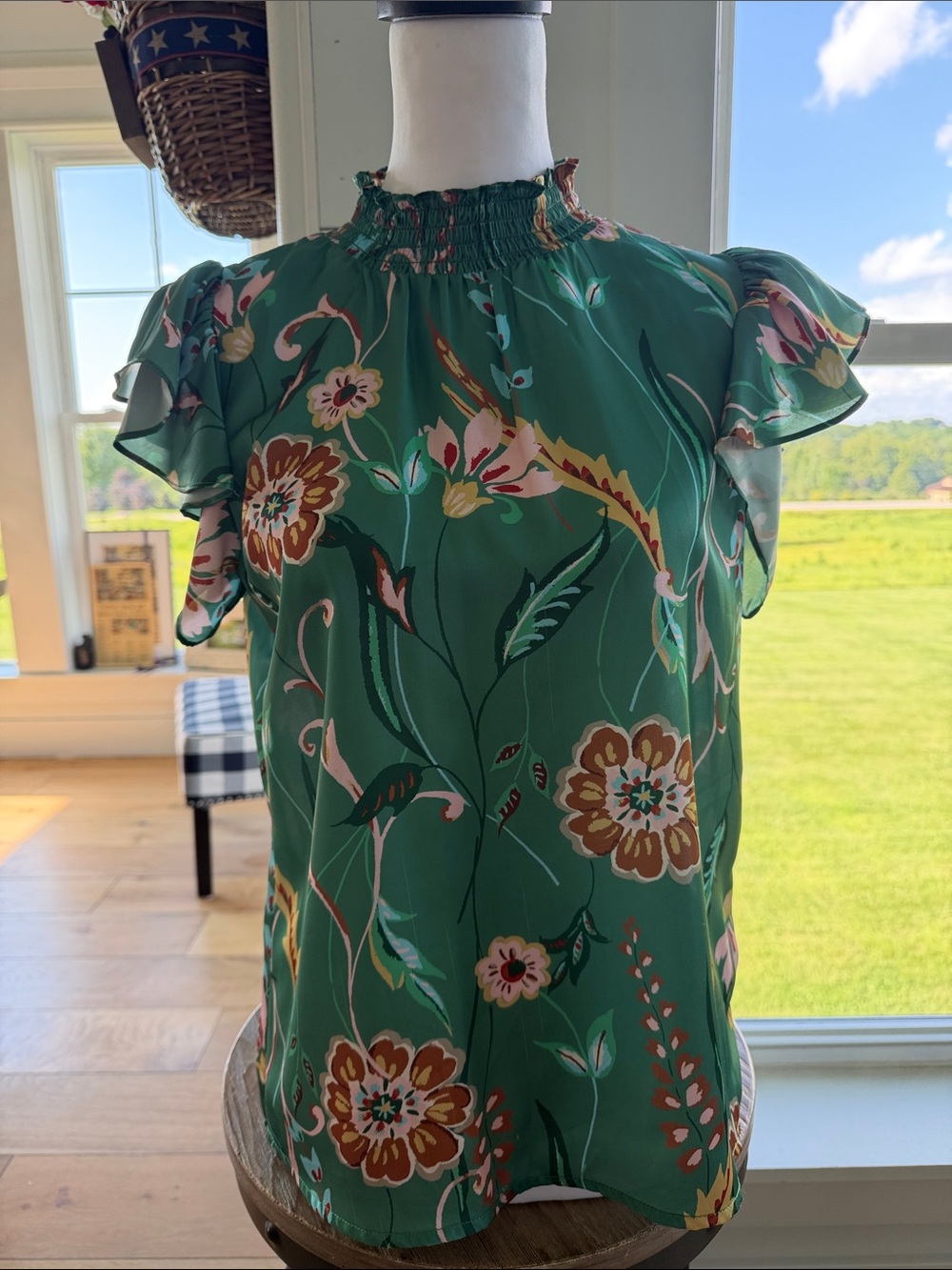 THML Green Floral Ruffle Sleeve Blouse